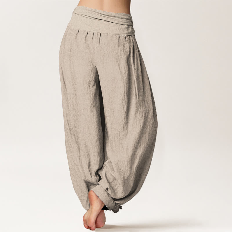 Pantalon Harem en Coton Pur pour Femme à Taille Élastique avec Motif Pierres Bouddha Soleil Lune Étoiles