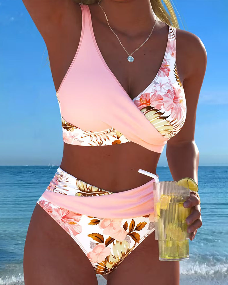 Bikini fendu à motif floral contrastant