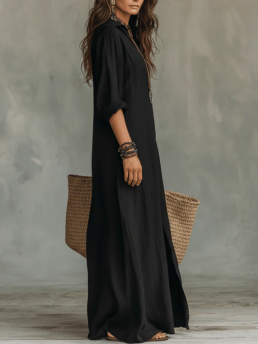 Robe Maxi Boutonnée à Col V Flottant Celine™