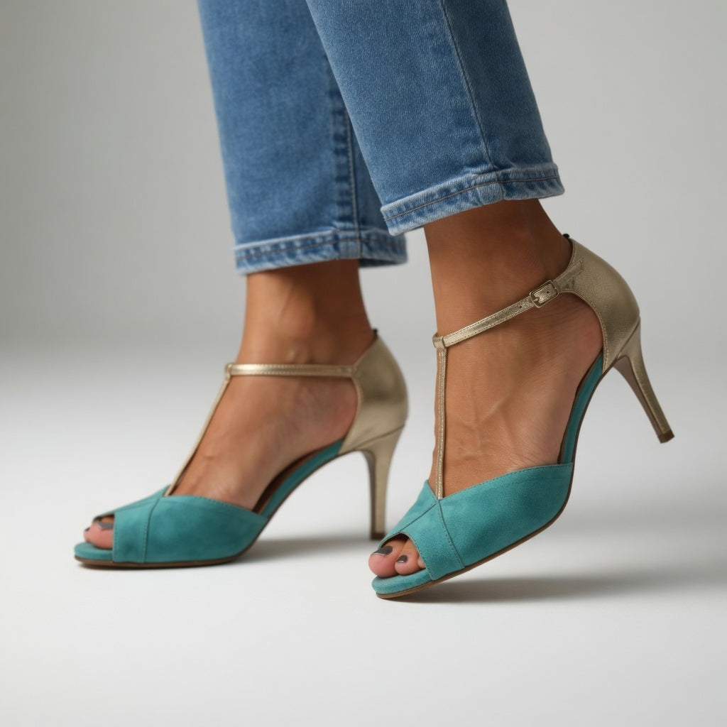 Roksana™ — Élégance vibrante en sandale à talon aiguille bicolore turquoise et doré