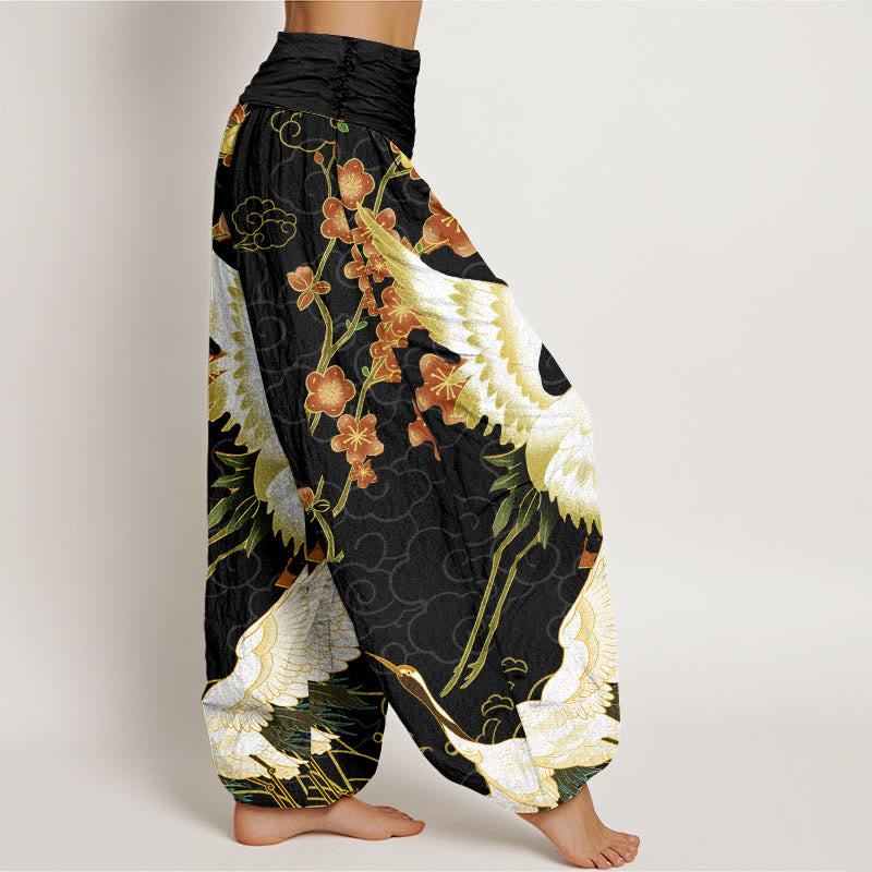 Pantalon sarouel femme en coton Buddha Stones avec motifs grues, fleurs et nuages porte-bonheur, taille élastique