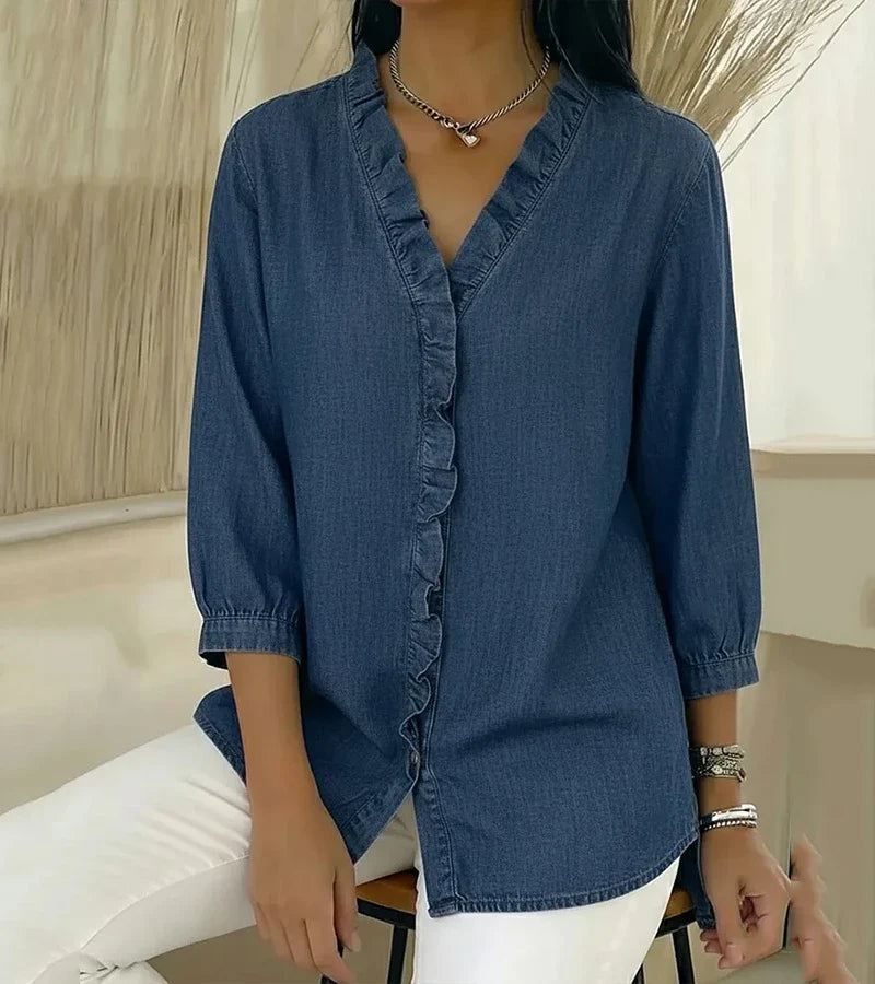 Linnea — Midnight Denim Ruffle Blouse