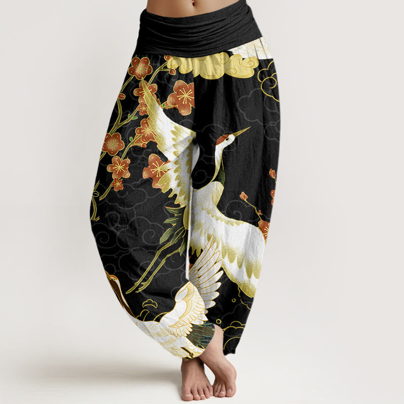 Pantalon sarouel femme en coton Buddha Stones avec motifs grues, fleurs et nuages porte-bonheur, taille élastique