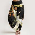 Pantalon sarouel femme en coton Buddha Stones avec motifs grues, fleurs et nuages porte-bonheur, taille élastique