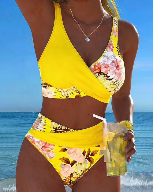 Bikini fendu à motif floral contrastant