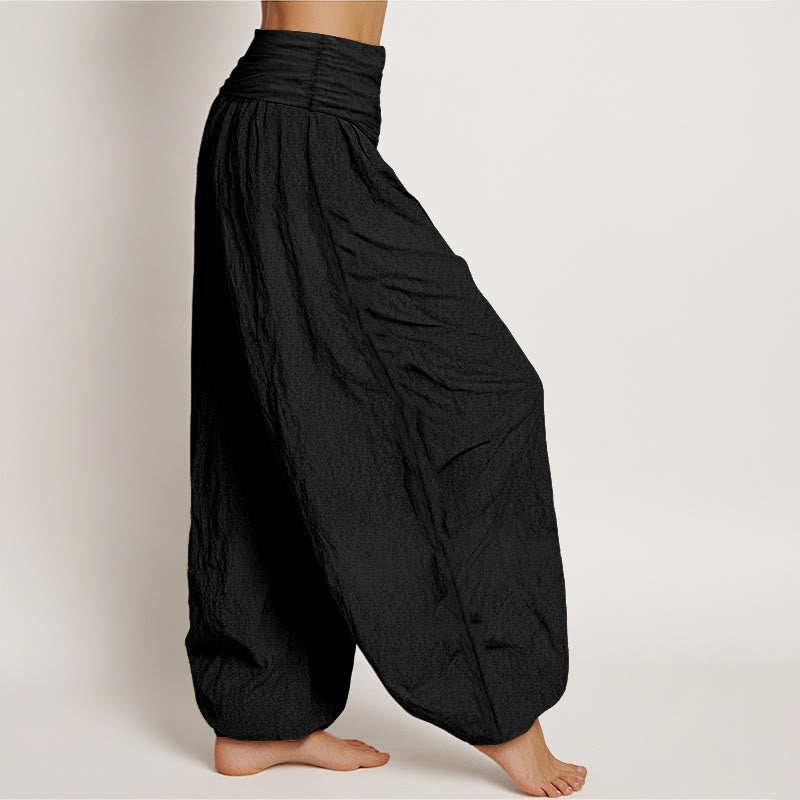 Pantalon Harem en Coton Pur pour Femme à Taille Élastique avec Motif Pierres Bouddha Soleil Lune Étoiles