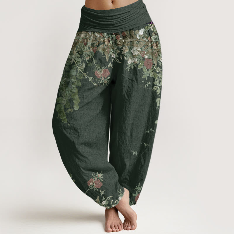 Pantalon Harem Décontracté en Coton pour Femme à Taille Élastique avec Motif de Vigne de Fleur de Pivoine Rouge Buddha Stones