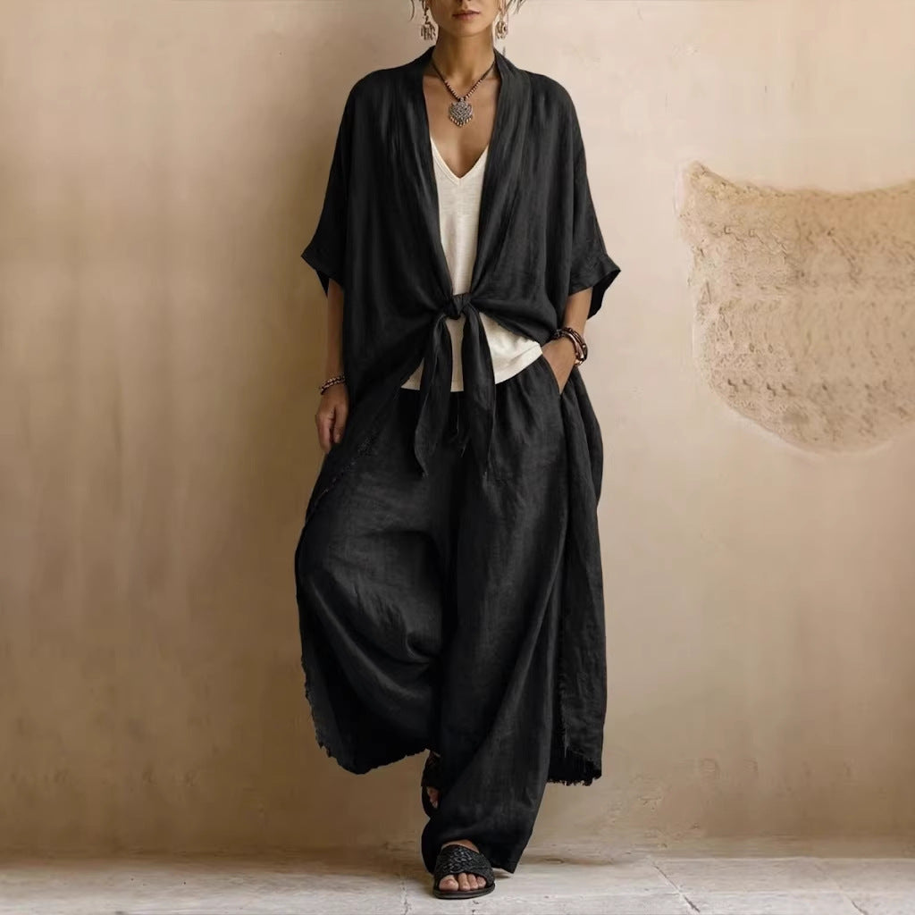 Ensemble deux pièces kimono en lin oversize et pantalon à jambes larges