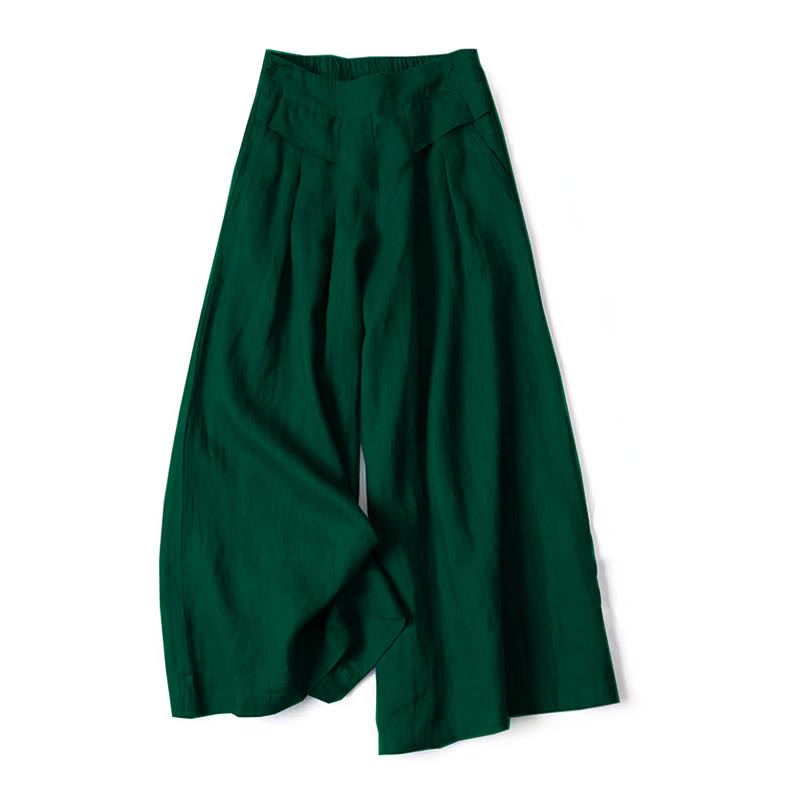 Pantalon large taille haute en coton et lin couleur unie Buddha Stones avec poches