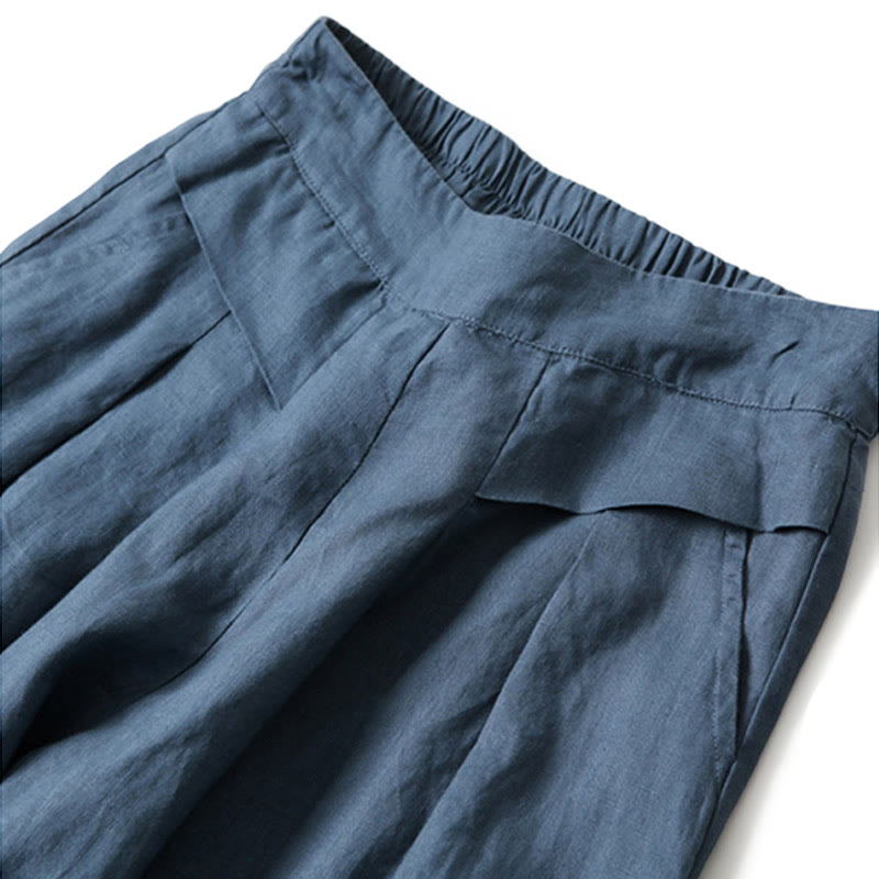 Pantalon large taille haute en coton et lin couleur unie Buddha Stones avec poches
