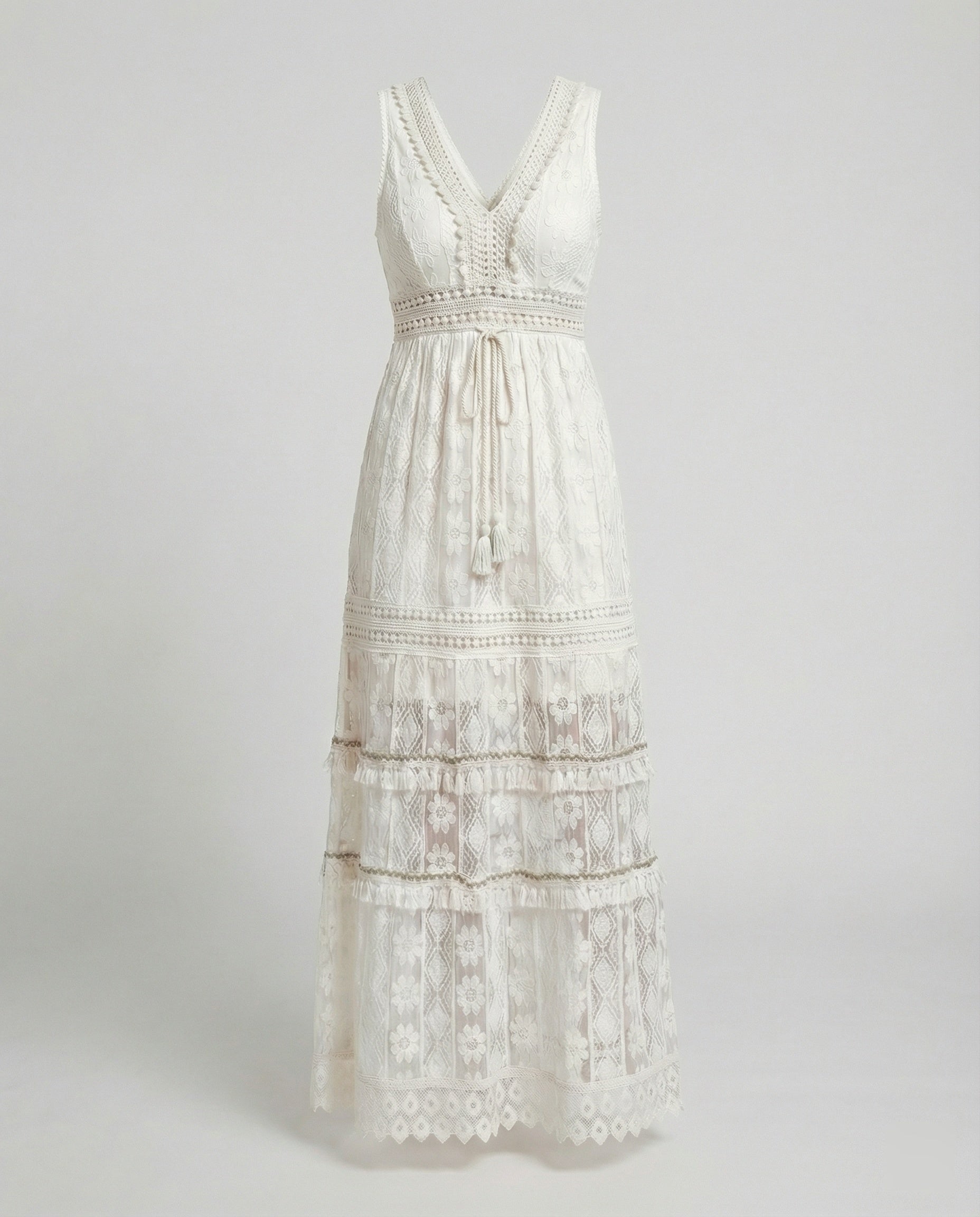 The Liora — Linen Boho Lace Maxi Dress