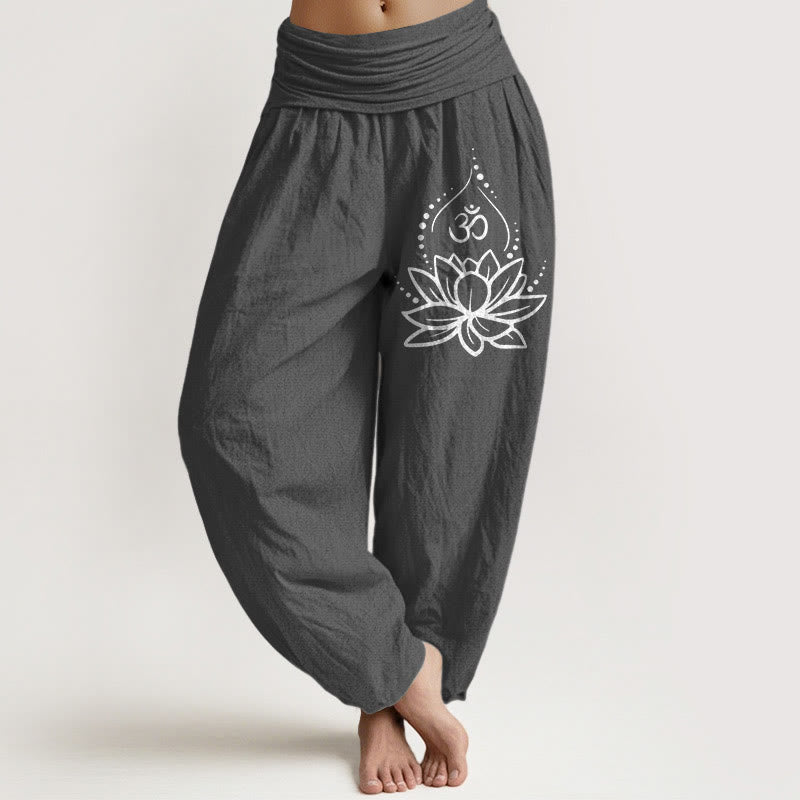 Pantalon bouffant en coton à taille élastique pour femmes Buddha Stones avec motif lotus en fleurs et symbole Om