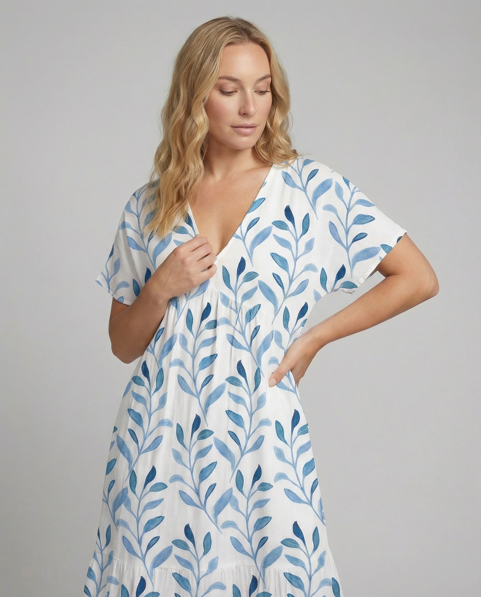 The Elara — Blue Leaf Maxi Dress