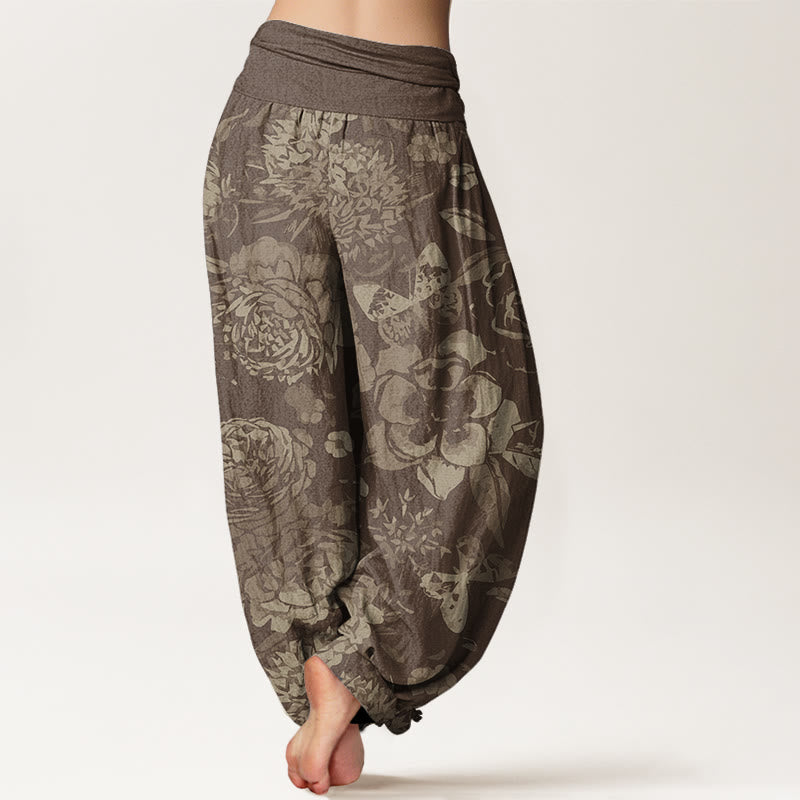 Pantalon Sarouel Décontracté en Coton Buddha Stones pour Femme, Motifs Pivoine Florale et Feuilles, Taille Élastique