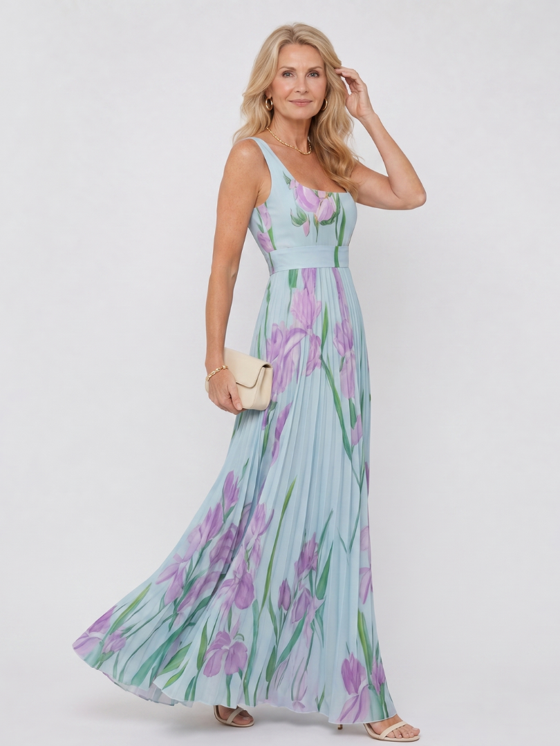Robe midi sans manches en satin avec encolure carrée et plis élégants