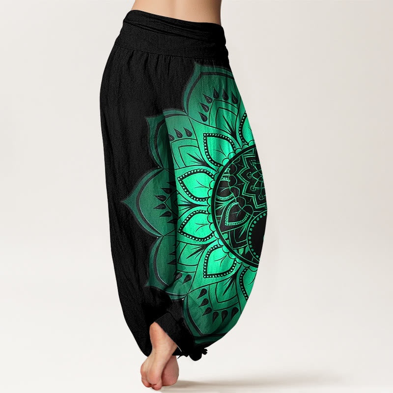 Pantalon Harem Femme Taille Élastique en Coton avec Motif Mandala Symétrique Pierre de Bouddha