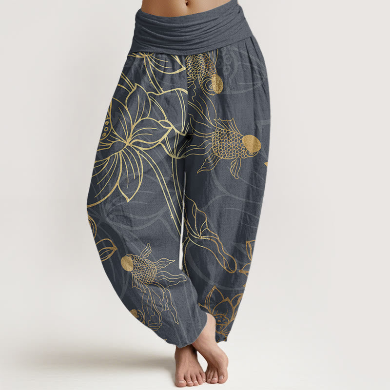 Pantalon Sarouel Femme Poissons Koi Lotus en Coton Pur Buddha Stones avec Taille Élastique