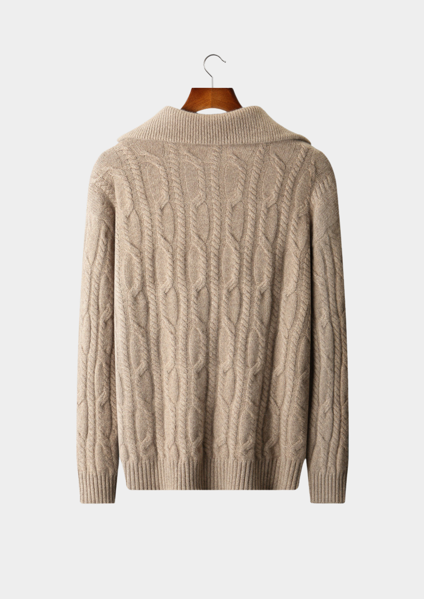 PULL MOITIÉ ZIP EN CACHEMIRE PUR BEIGE À CÔTES TORSADÉES