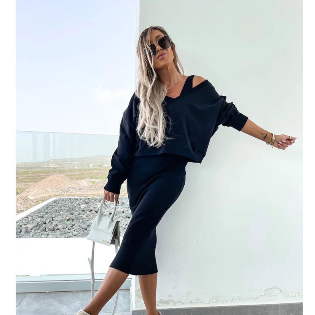 The Liora Set — Dune Cold-Shoulder Knit