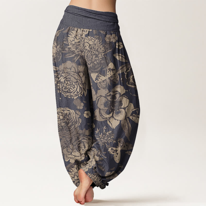 Pantalon Sarouel Décontracté en Coton Buddha Stones pour Femme, Motifs Pivoine Florale et Feuilles, Taille Élastique