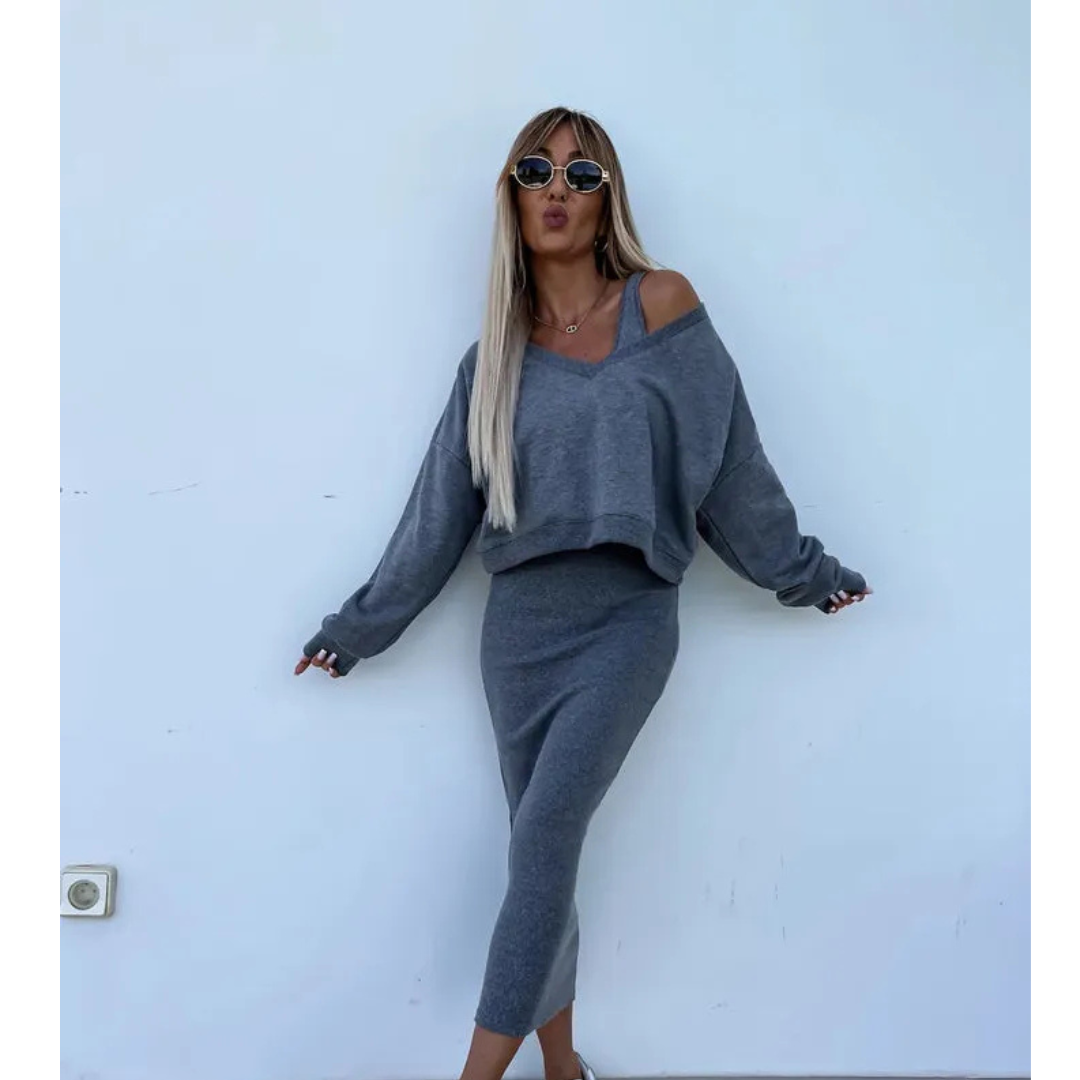 The Liora Set — Dune Cold-Shoulder Knit