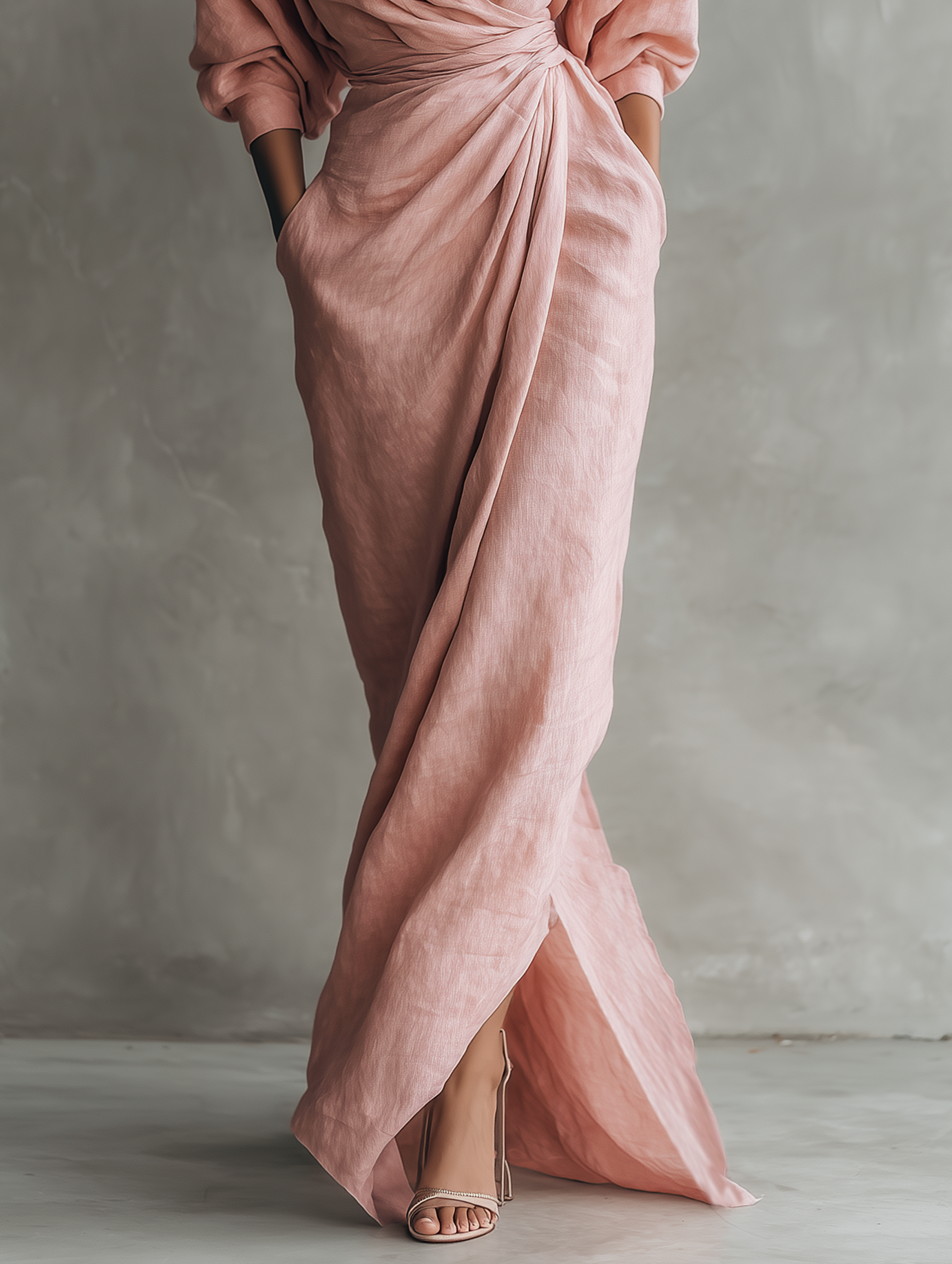 Taylor - Robe Maxi Minimaliste Rose avec Col en V, Confectionnée en Mélange de Lin pour Femmes