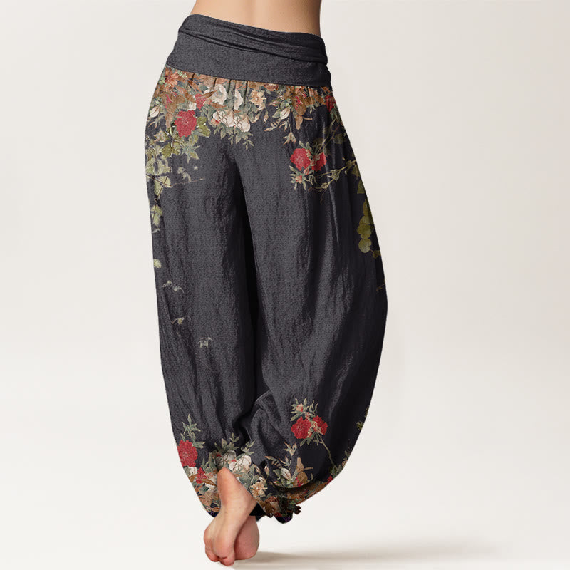 Pantalon Harem Décontracté en Coton pour Femme à Taille Élastique avec Motif de Vigne de Fleur de Pivoine Rouge Buddha Stones