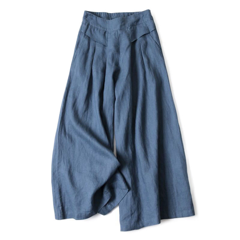 Pantalon large taille haute en coton et lin couleur unie Buddha Stones avec poches