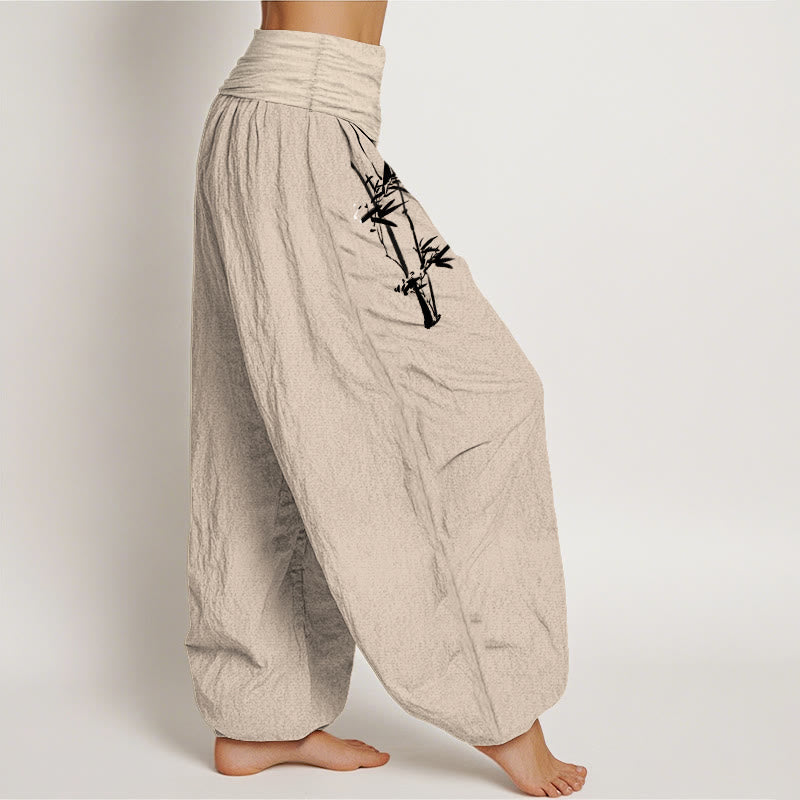 Pantalon Harem Femme en Coton Pur à Taille Élastique, Motif Soleil Rouge, Feuilles de Bambou et Pierres de Bouddha