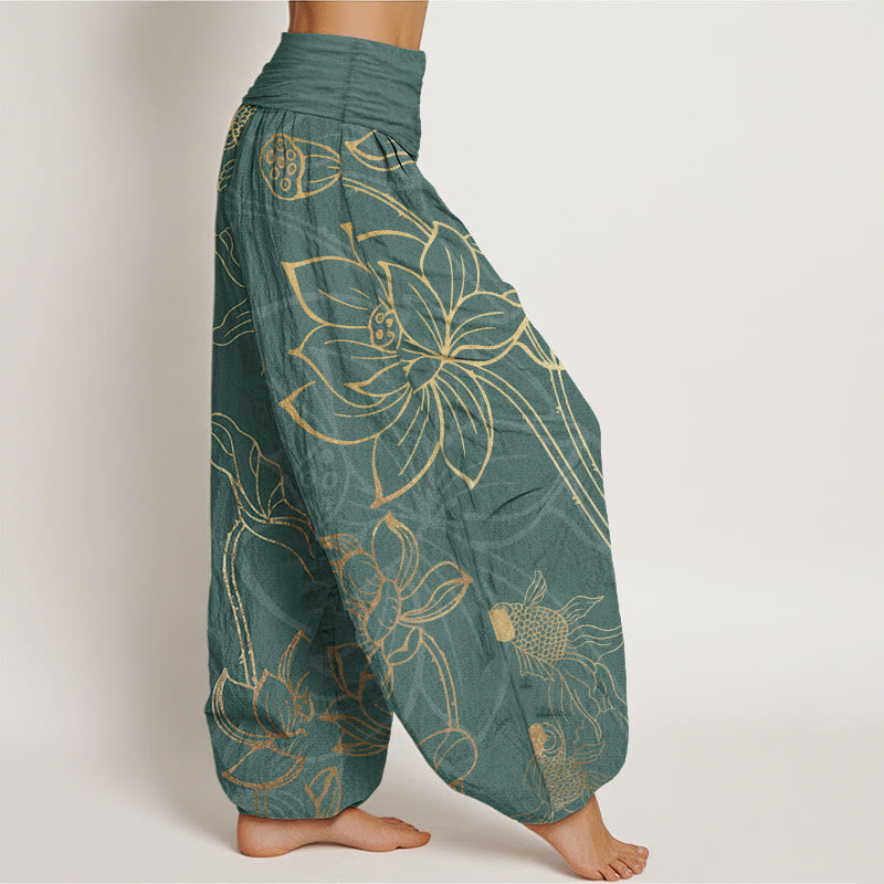 Pantalon Sarouel Femme Poissons Koi Lotus en Coton Pur Buddha Stones avec Taille Élastique
