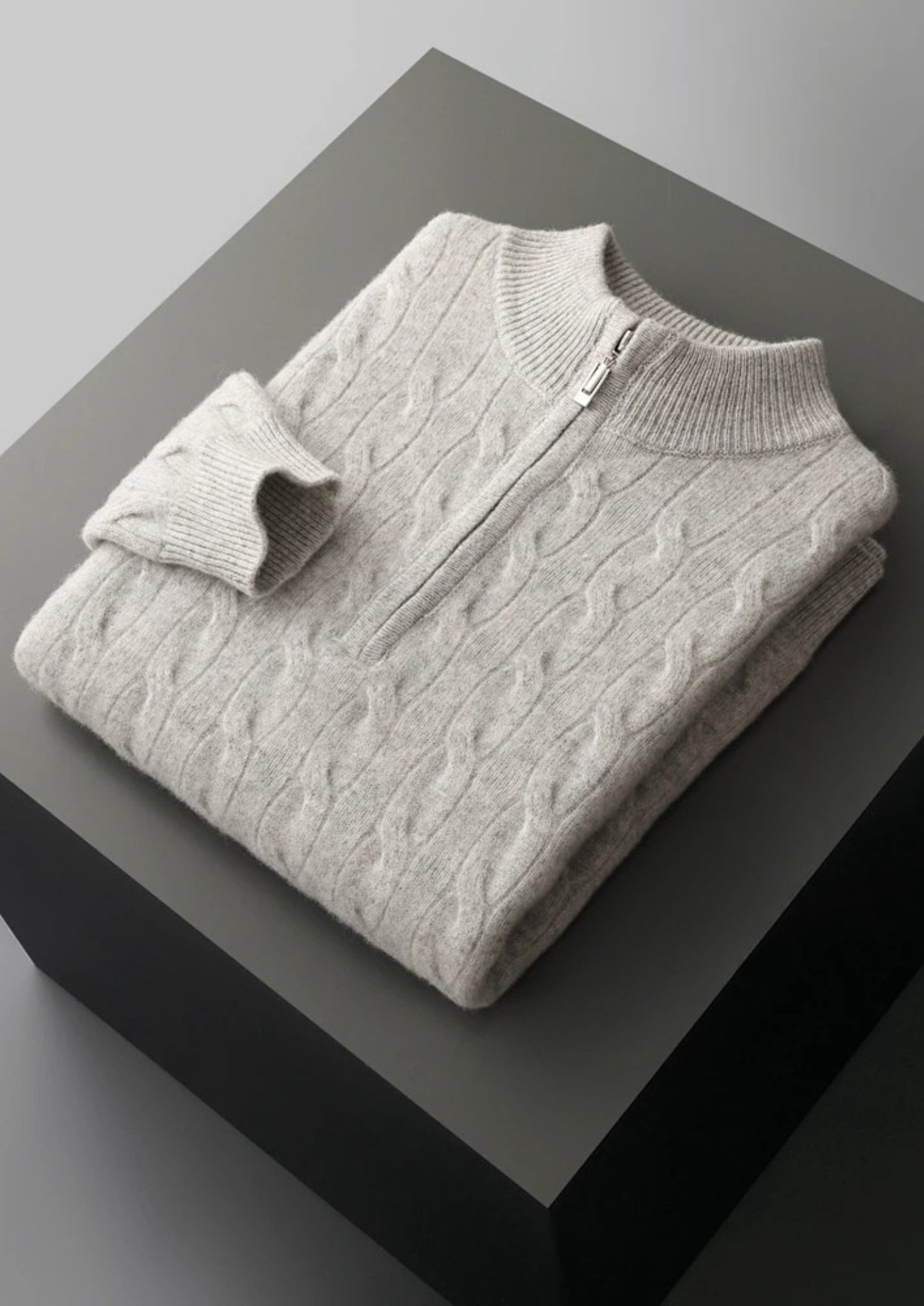 Demi-zip en laine mérinos pure extra-fine avec câble