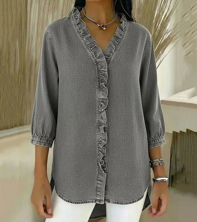 Linnea — Midnight Denim Ruffle Blouse