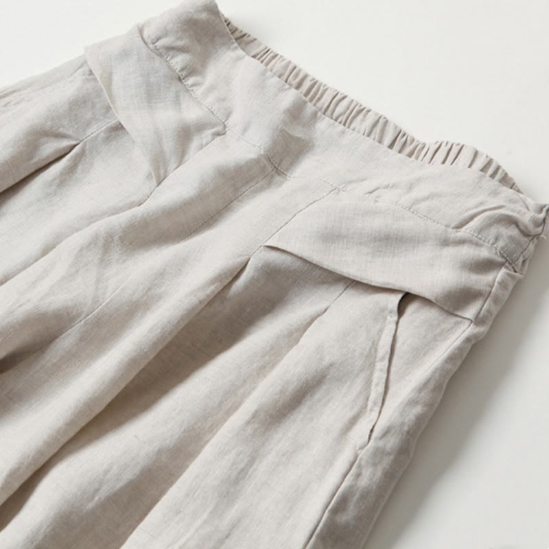 Pantalon large taille haute en coton et lin couleur unie Buddha Stones avec poches
