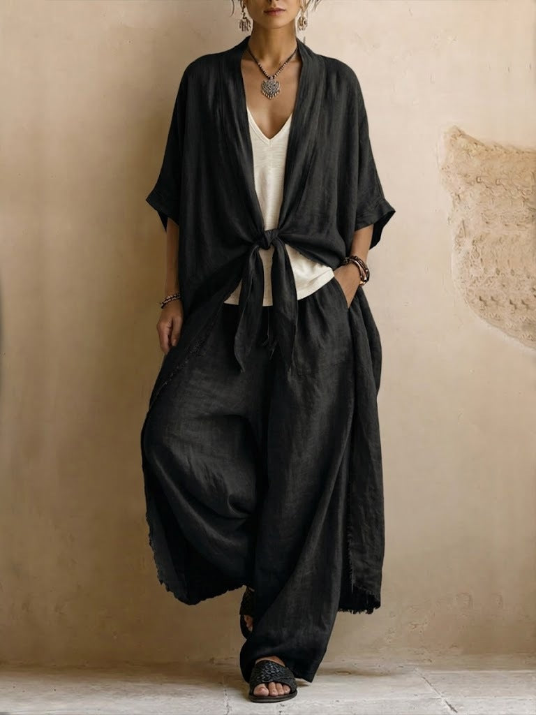 Ensemble deux pièces kimono en lin oversize et pantalon à jambes larges