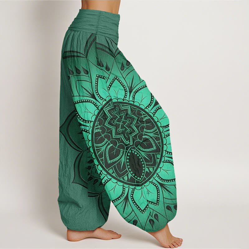 Pantalon Harem Femme Taille Élastique en Coton avec Motif Mandala Symétrique Pierre de Bouddha