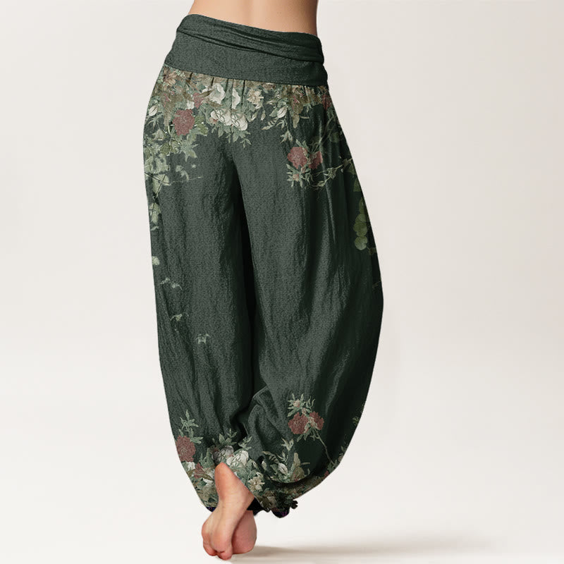 Pantalon Harem Décontracté en Coton pour Femme à Taille Élastique avec Motif de Vigne de Fleur de Pivoine Rouge Buddha Stones