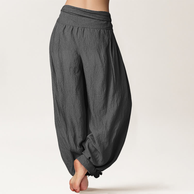 Pantalon Harem Femme en Coton Pur à Taille Élastique, Motif Soleil Rouge, Feuilles de Bambou et Pierres de Bouddha