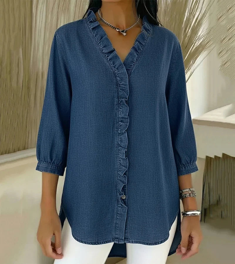 Linnea — Midnight Denim Ruffle Blouse