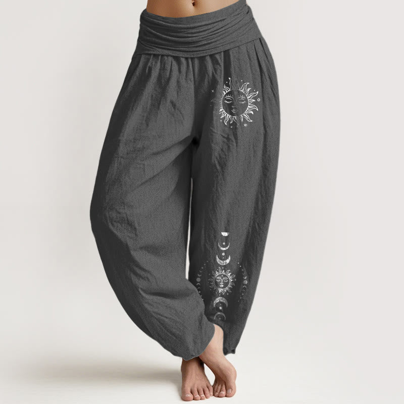 Pantalon Harem en Coton Pur pour Femme à Taille Élastique avec Motif Pierres Bouddha Soleil Lune Étoiles