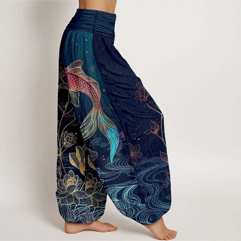 Pantalon Sarouel Femme Taille Élastique Coton Pur Design Poisson Koi Lotus Pierres Bouddha