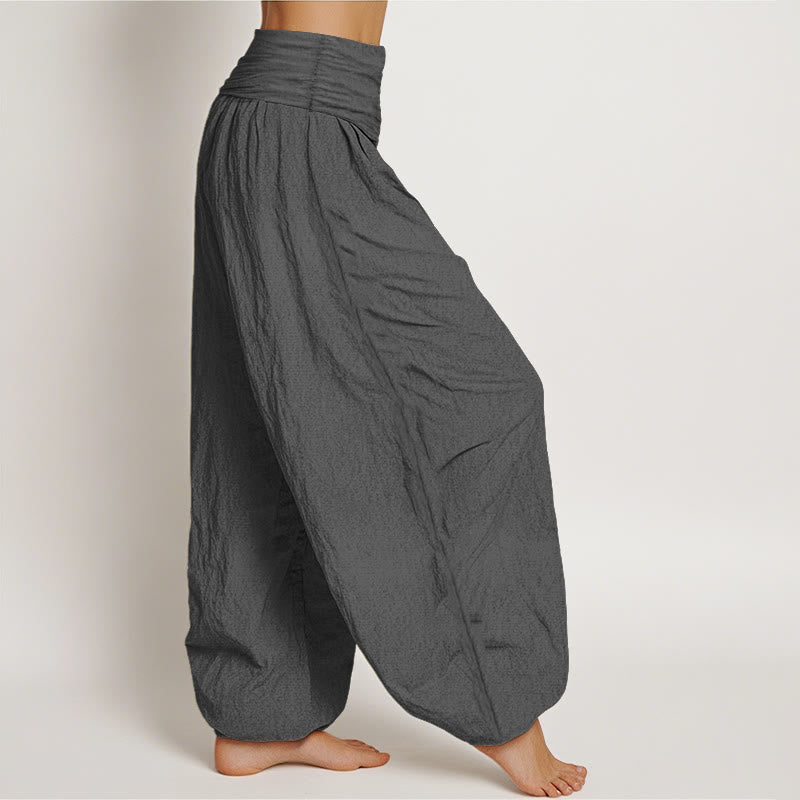 Pantalon bouffant en coton à taille élastique pour femmes Buddha Stones avec motif lotus en fleurs et symbole Om