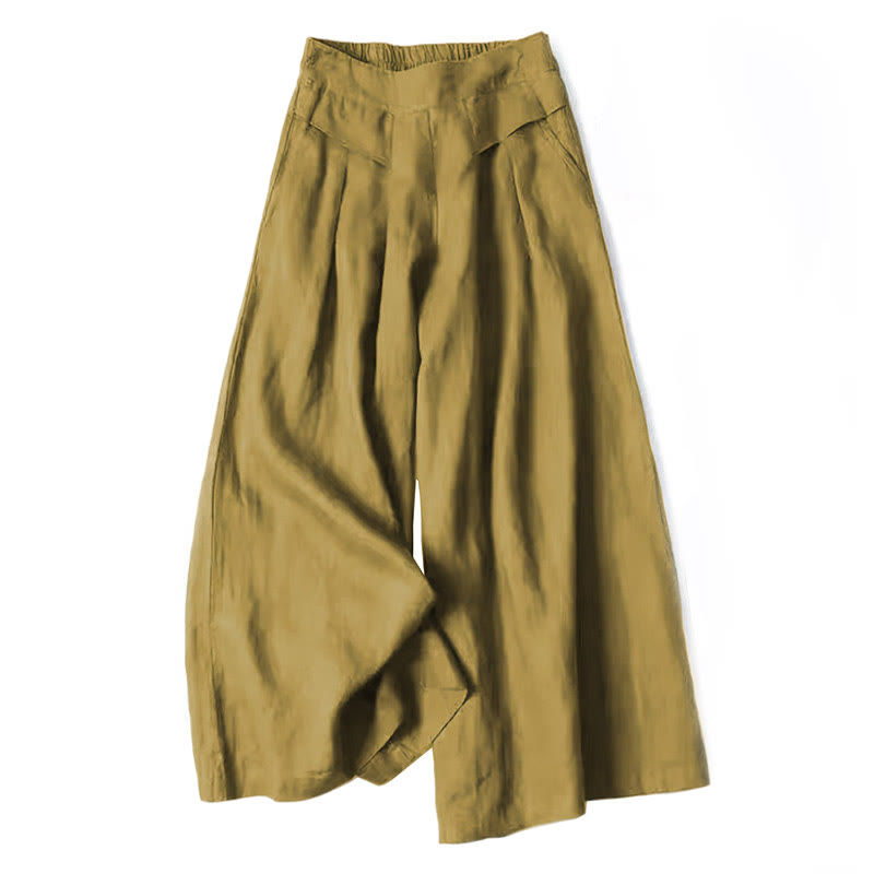 Pantalon large taille haute en coton et lin couleur unie Buddha Stones avec poches