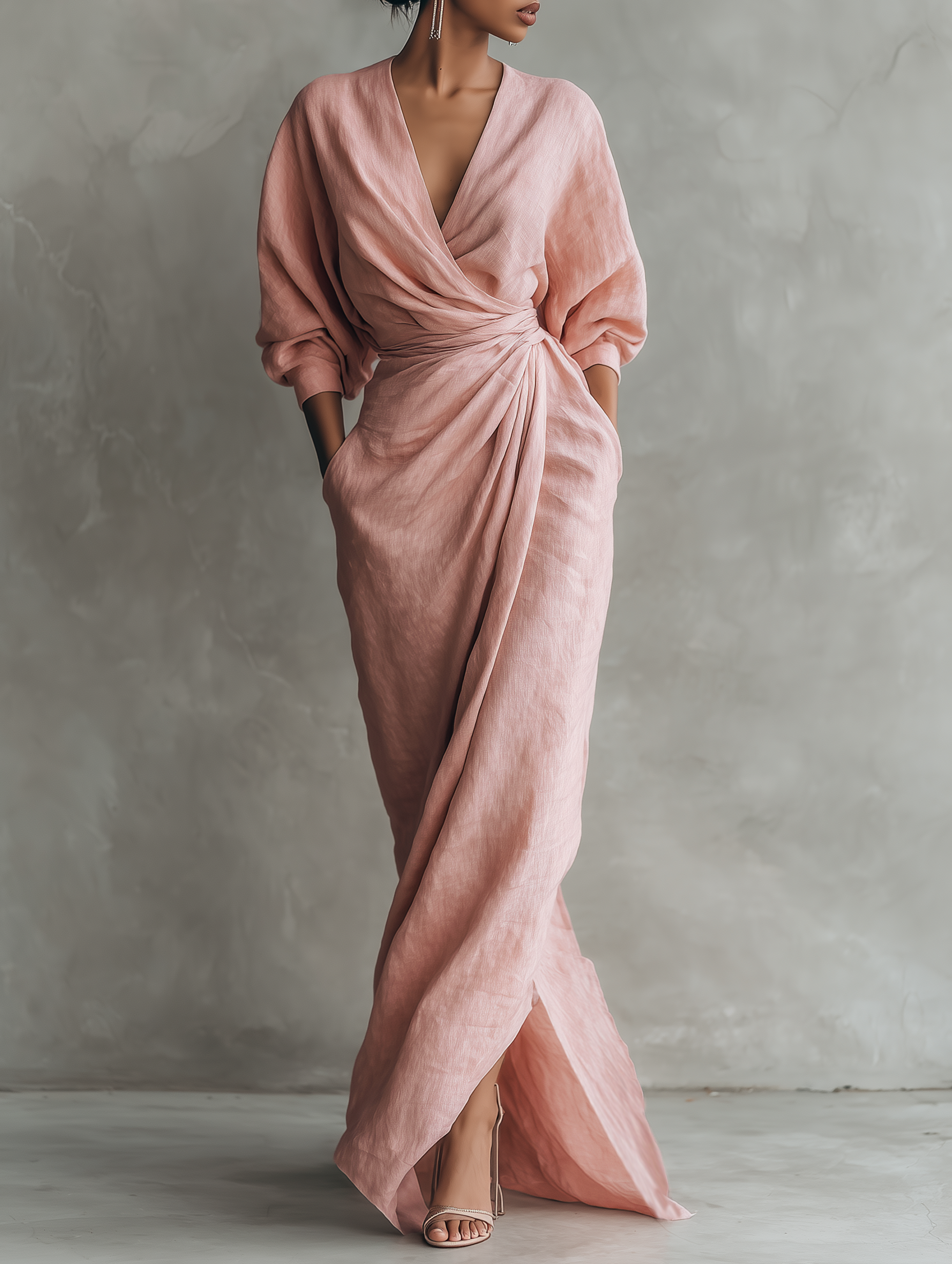 Taylor - Robe Maxi Minimaliste Rose avec Col en V, Confectionnée en Mélange de Lin pour Femmes