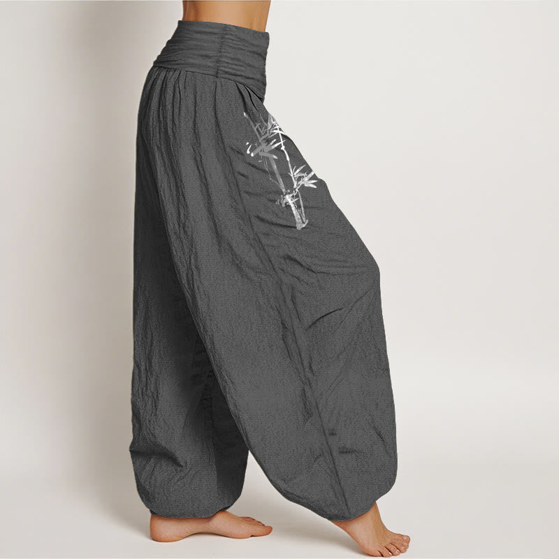 Pantalon Harem Femme en Coton Pur à Taille Élastique, Motif Soleil Rouge, Feuilles de Bambou et Pierres de Bouddha