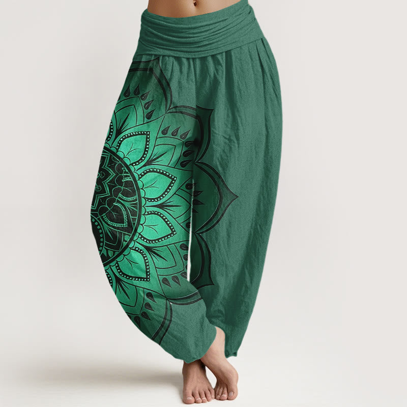 Pantalon Harem Femme Taille Élastique en Coton avec Motif Mandala Symétrique Pierre de Bouddha