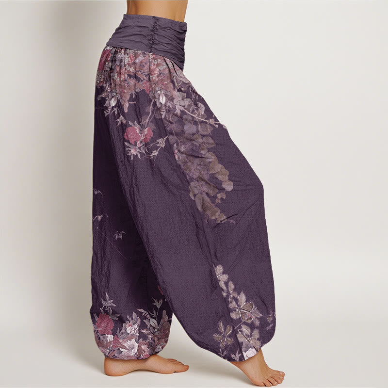 Pantalon Harem Décontracté en Coton pour Femme à Taille Élastique avec Motif de Vigne de Fleur de Pivoine Rouge Buddha Stones