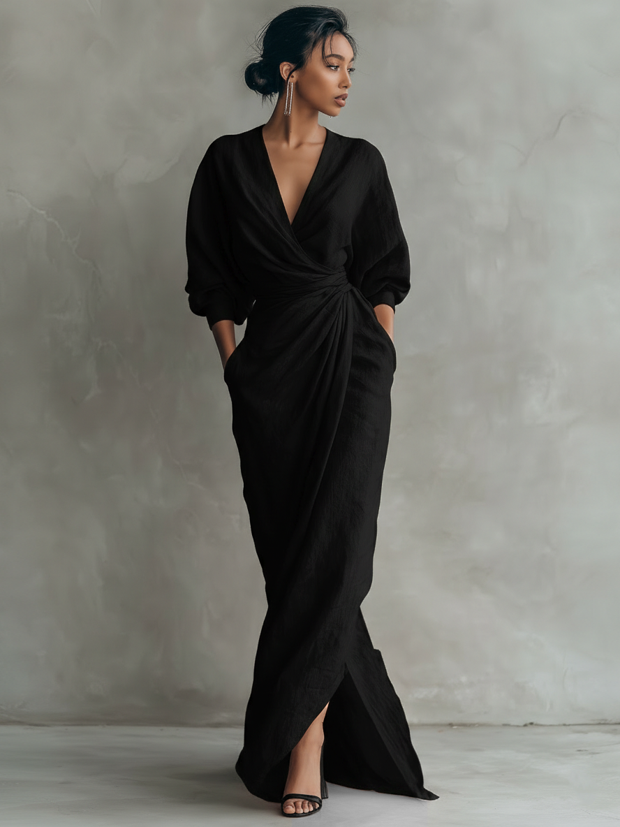 Taylor - Robe Maxi Minimaliste Rose avec Col en V, Confectionnée en Mélange de Lin pour Femmes