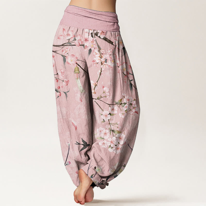 Pantalon sarouel taille élastique femme en coton pur Buddha Stones motif pêchers en fleurs et oies sauvages volantes