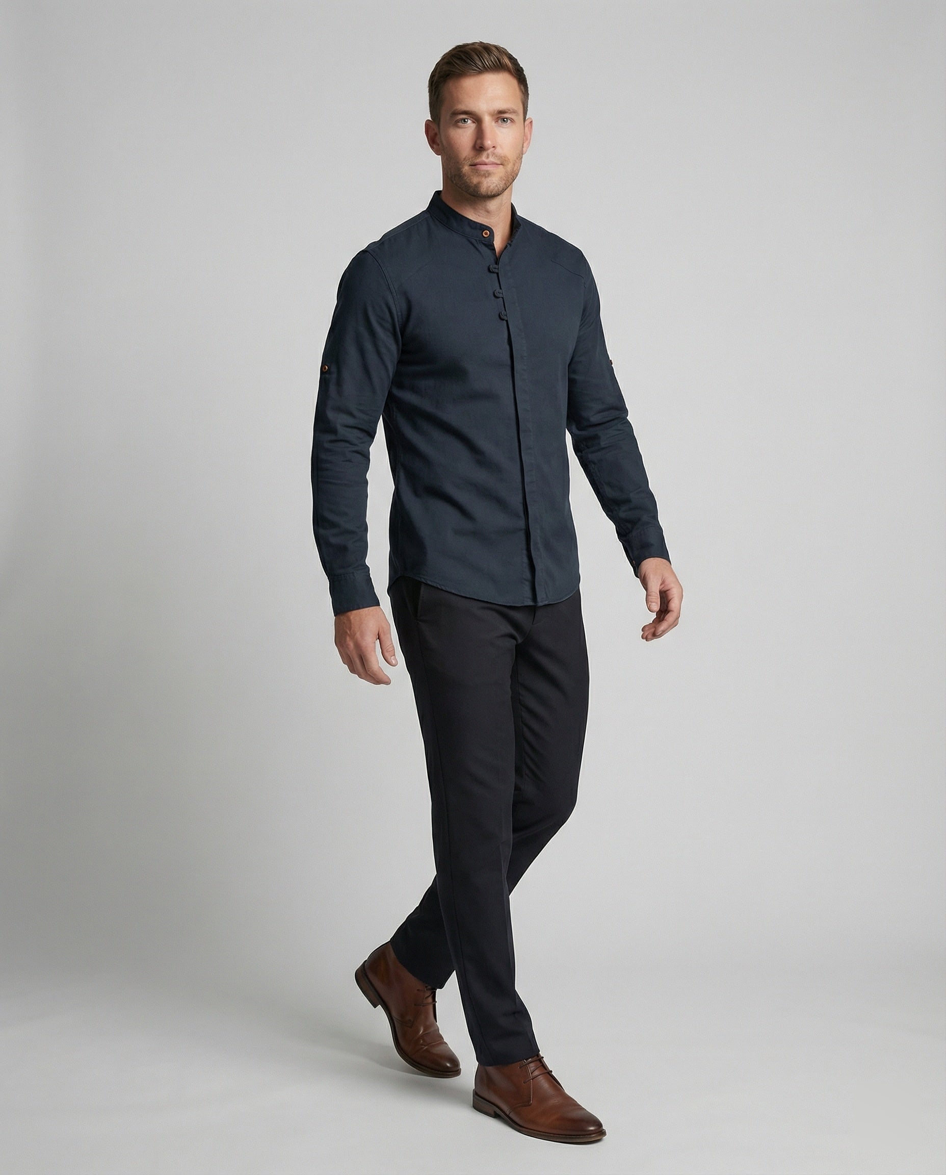 The Kaede — Indigo Linen Band-Collar Shirt