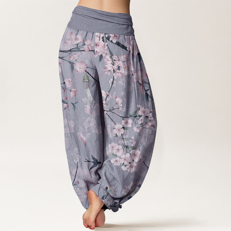 Pantalon sarouel taille élastique femme en coton pur Buddha Stones motif pêchers en fleurs et oies sauvages volantes
